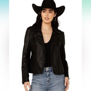 Blank NYC Black Leather Motorcycle Jacket with Notched Lapel